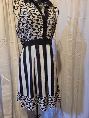 Black & White Geometric Stripe Fit-and-Flare Dress